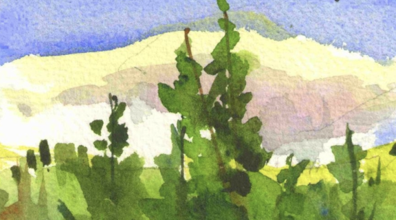 Watercolor of mountains and trees