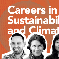 Orange banner for the event, with black and white photos of the panelists