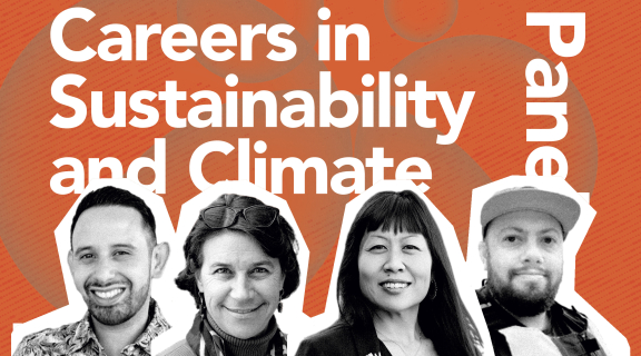 Orange banner for the event, with black and white photos of the panelists