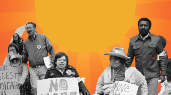 A graphic sun as the background, with black and white photos of protestors.